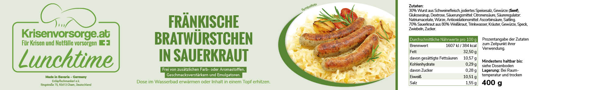 Fränkische Bratwürstchen im Sauerkraut - vegetarisch - Lunchtime - 400g Dose - Hergestellt in Bayern
